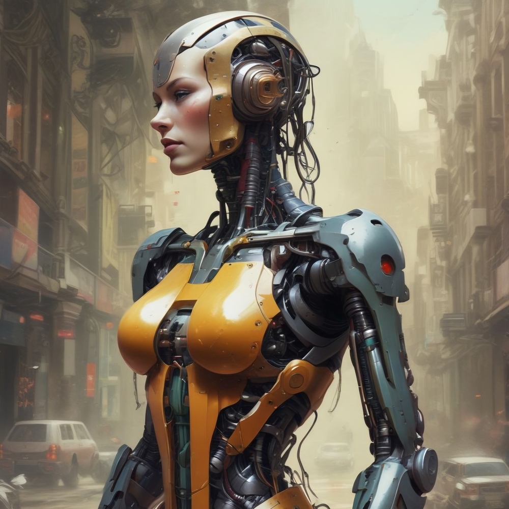 Futuristic Robot Art Print in Gold and Gray